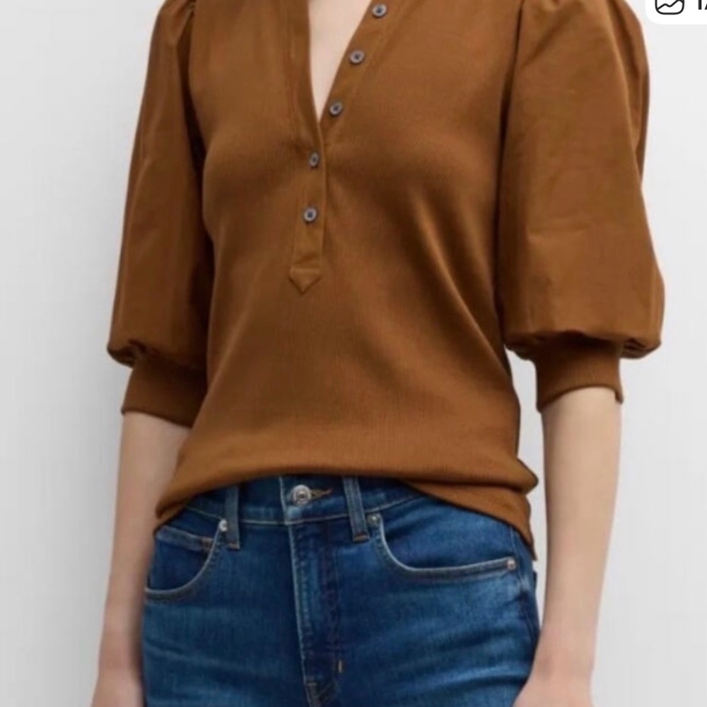 Veronica Beard Caramel Puff Sleeve Henley Top